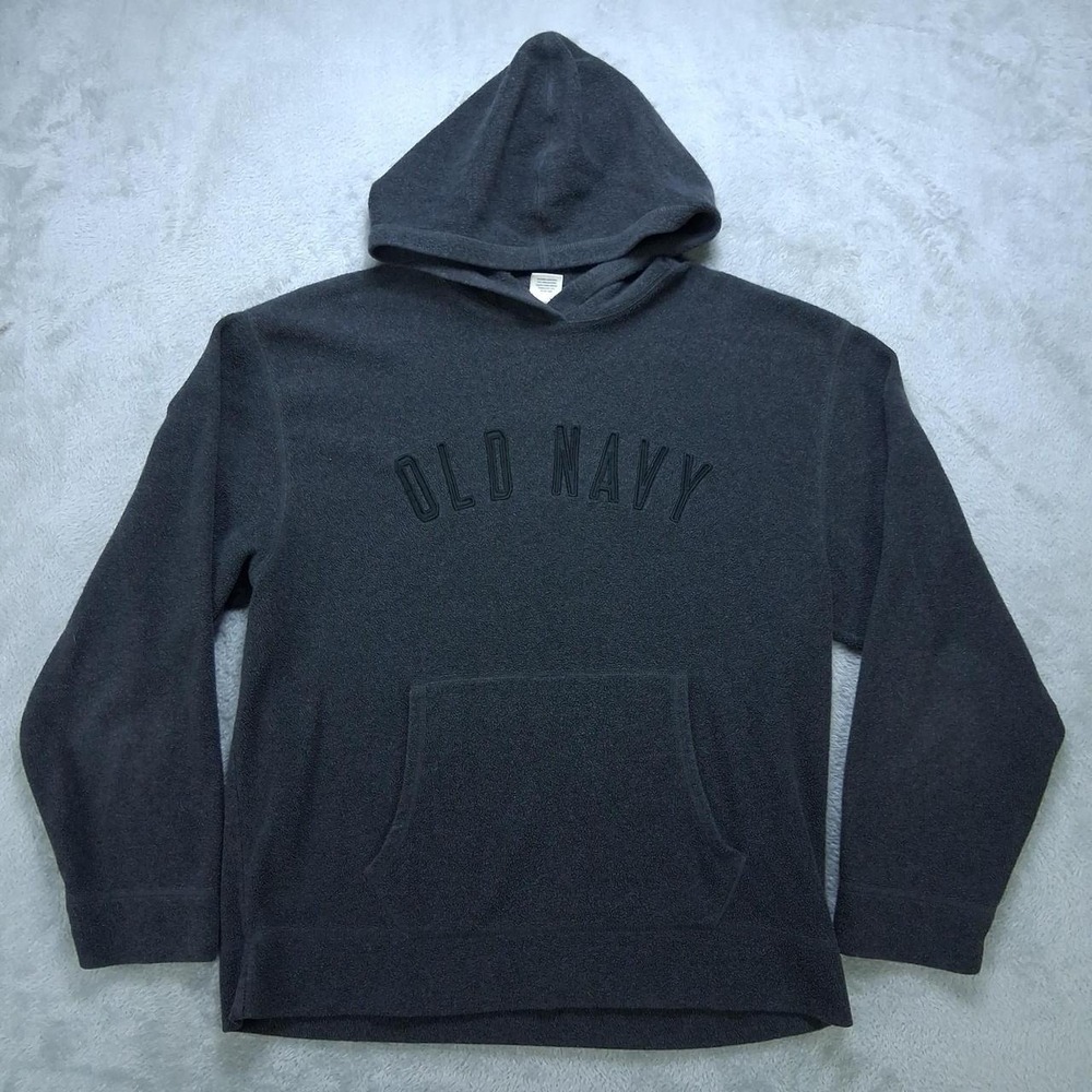 Old Navy Mens Fleece Pullover Hoodie Charcoal Grey Embroidered Logo Large